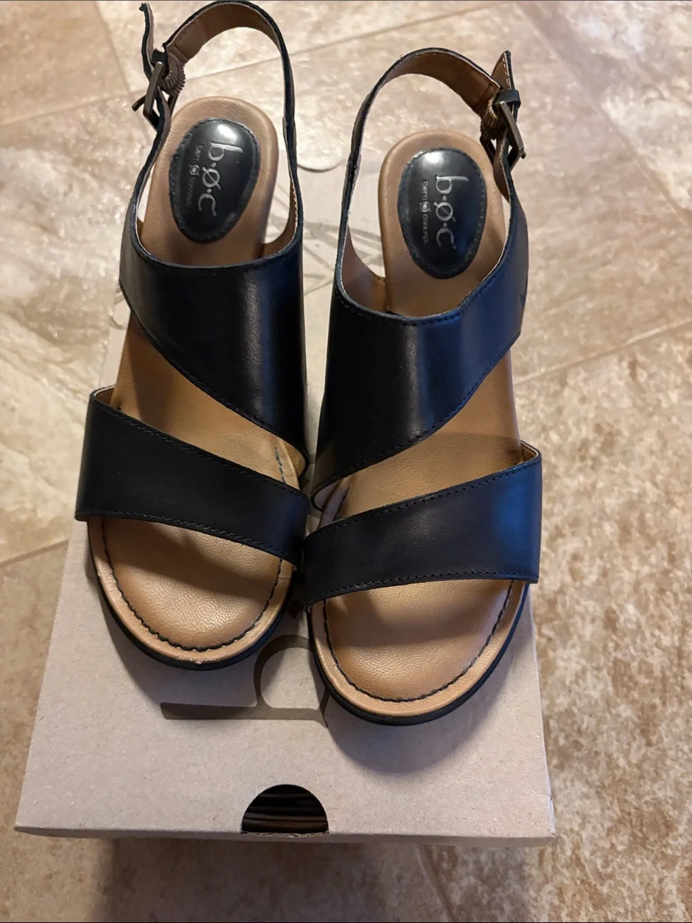 b.o.c. Black Leather Crisscross Wedge Sandals